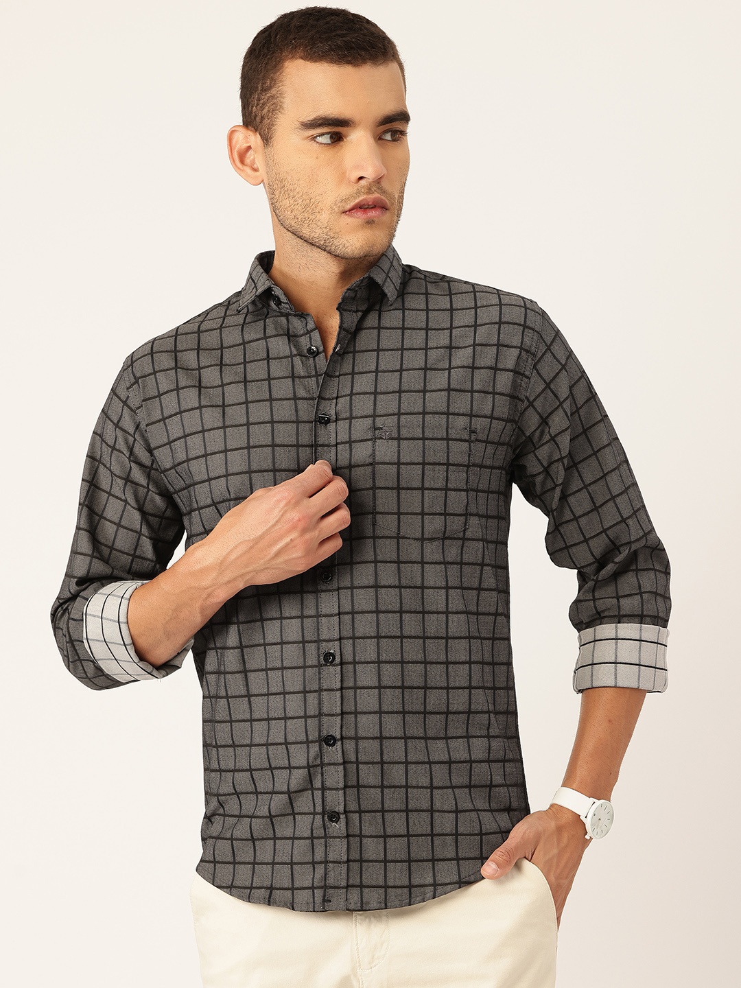 

FIFTY TWO Comfort Windowpane Checked Shirt, Charcoal