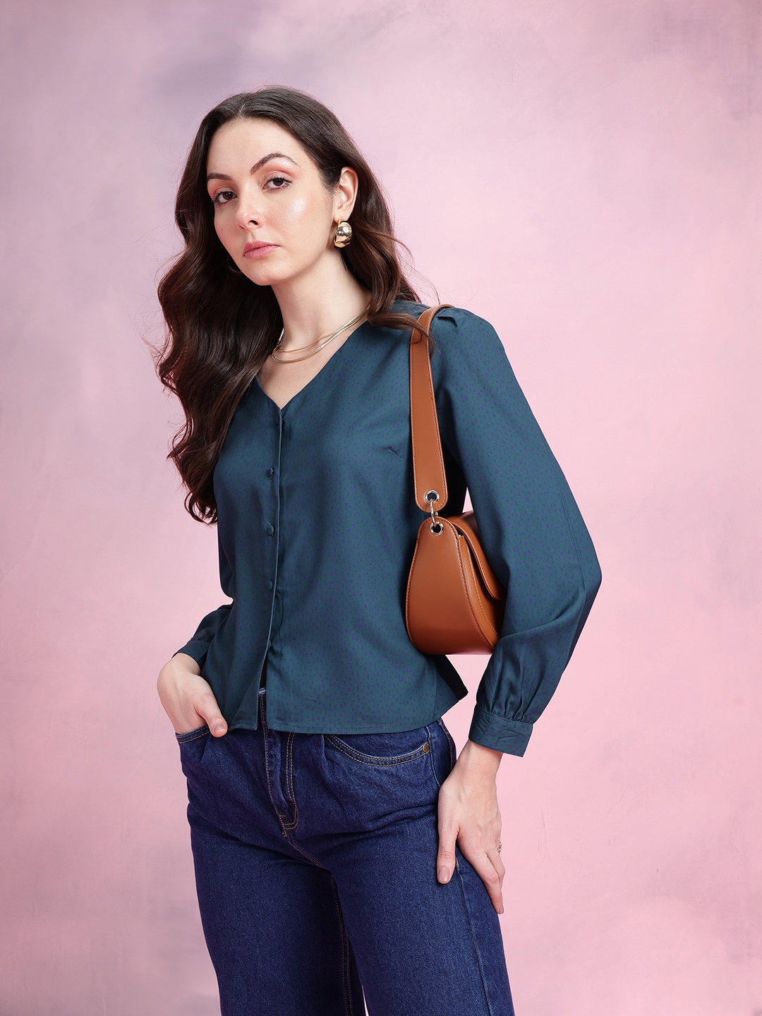 

DressBerry Printed Puff Sleeves Casual Shirt with Tie Up Detail, Green