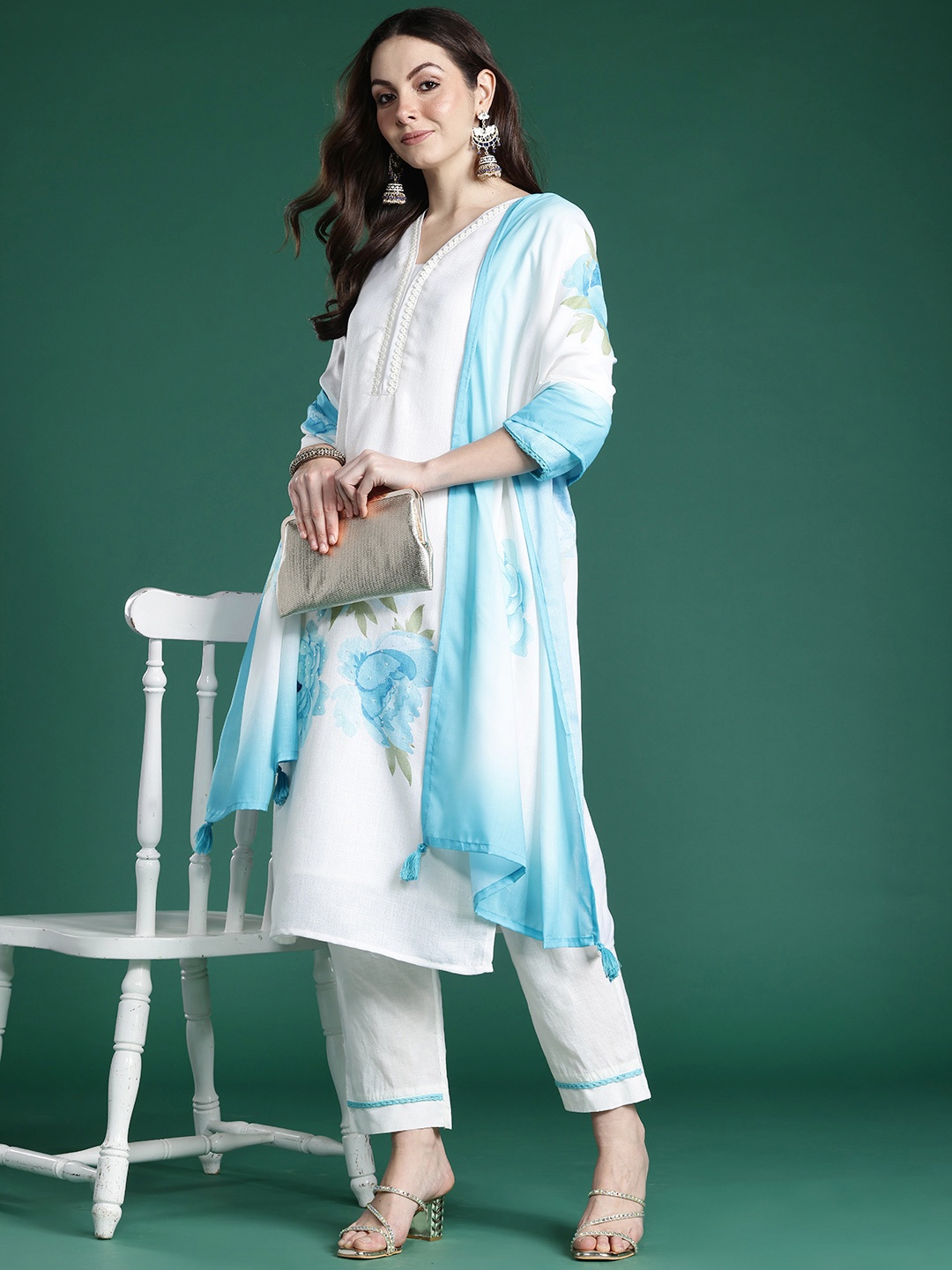 

Indo Era Floral Printed Sequinned Linen Kurta with Trousers & With Dupatta, Off white