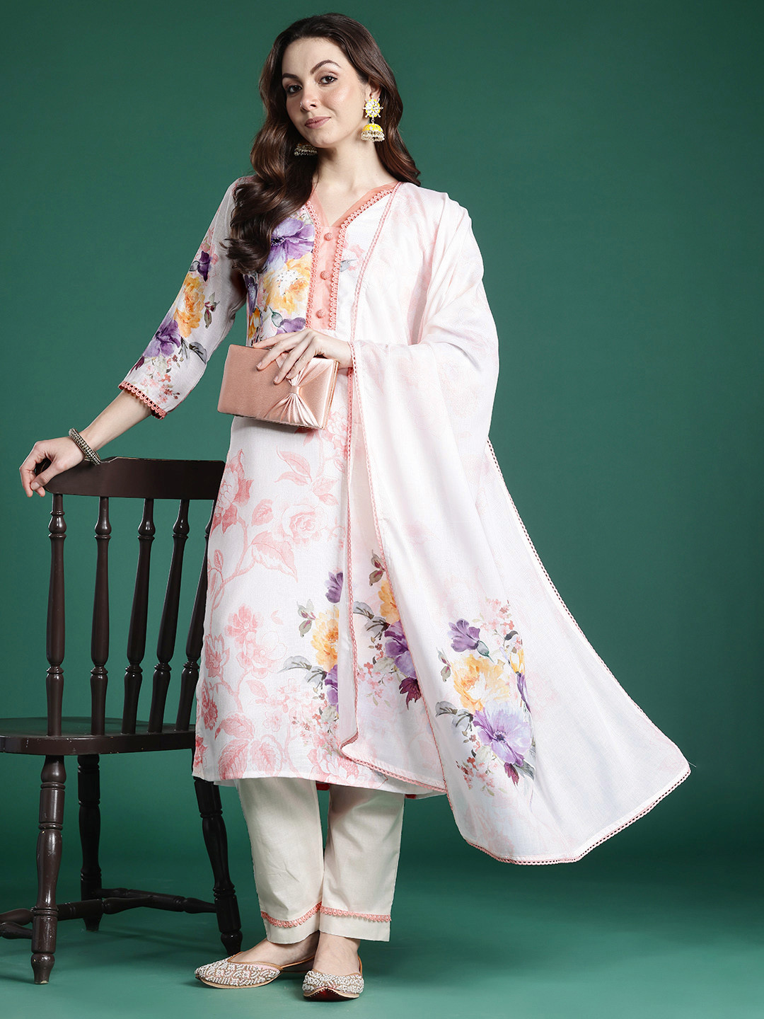 

Indo Era Floral Printed Beads and Stones Linen Kurta with Trousers & With Dupatta, White