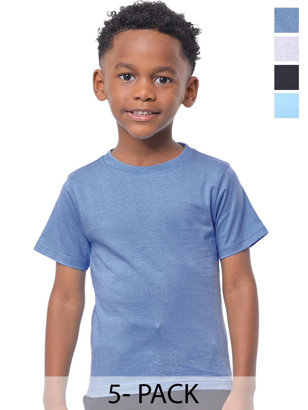 

Nuego Kids Boys Pack Of 5 Solid Bio Finish Round Neck Half Sleeve Cotton T-shirts, Blue