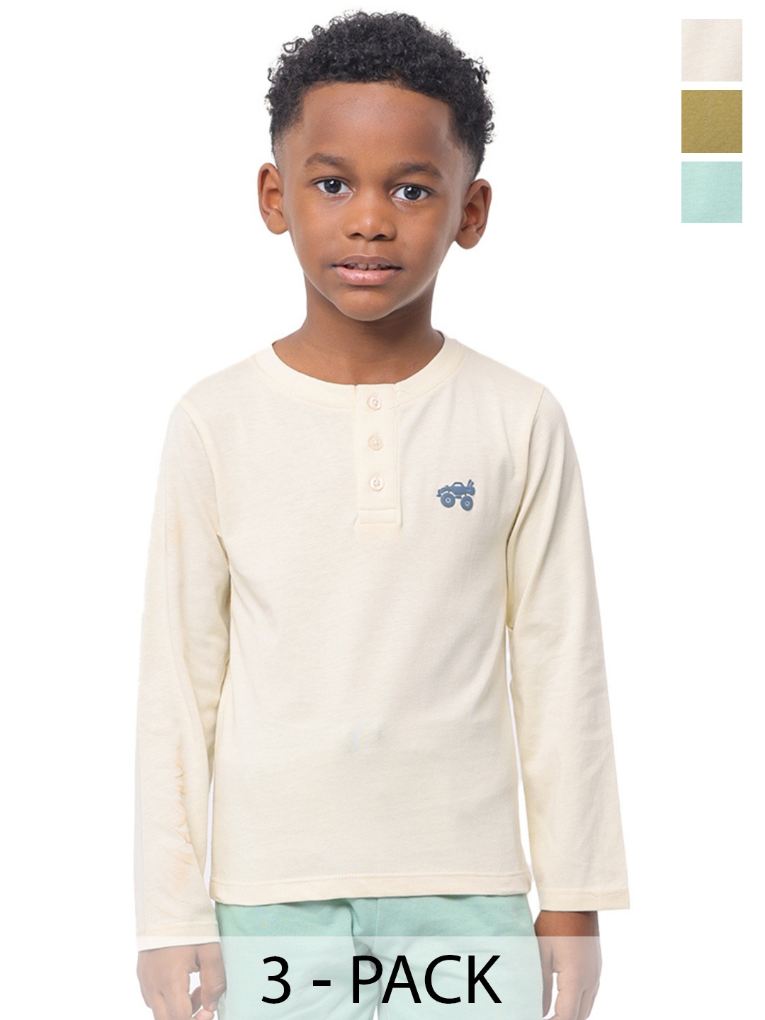 

Nuego Kids Boys Pack Of 3 Henley Neck Solid Bio Finish Half Sleeve Cotton T-shirts, Beige