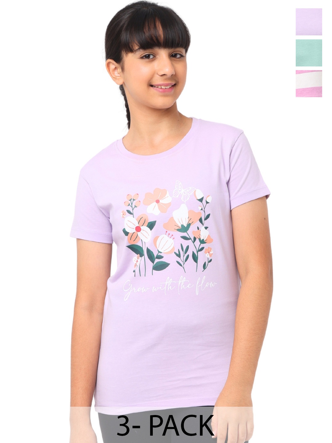 

Nuego Girls Pack Of 3 Stripe Print Bio Finish Round Neck Half Sleeve Cotton T-shirts, Purple