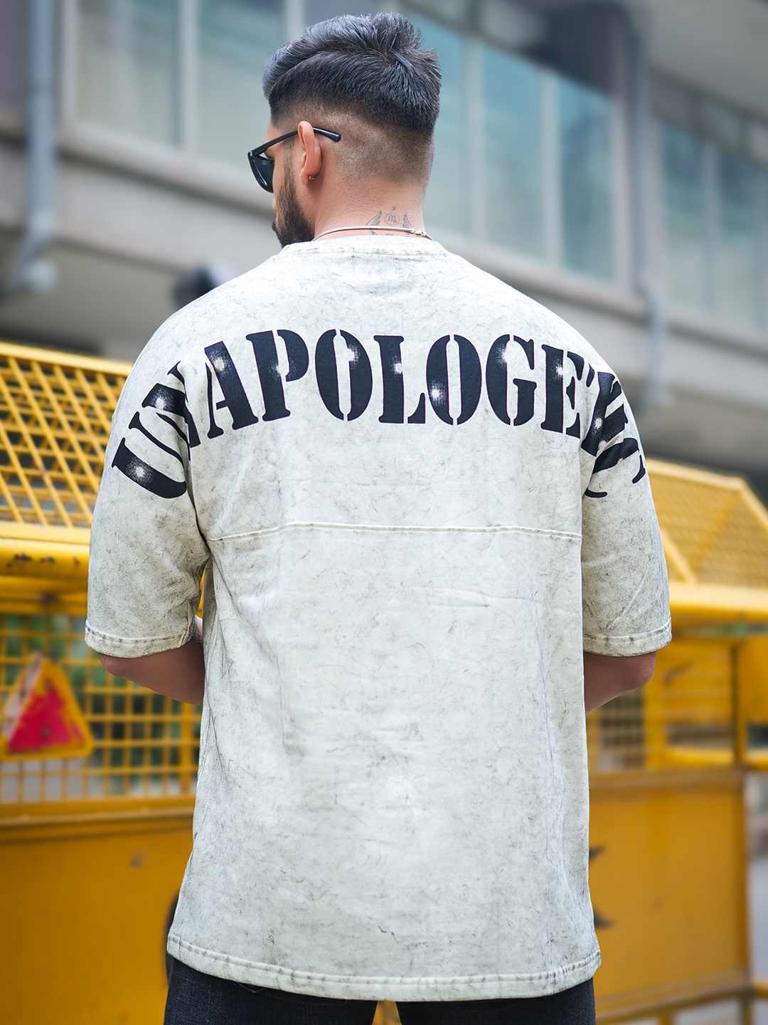 

Maniac Men Typography Printed Round Neck Cotton Oversized T-shirt, Off white