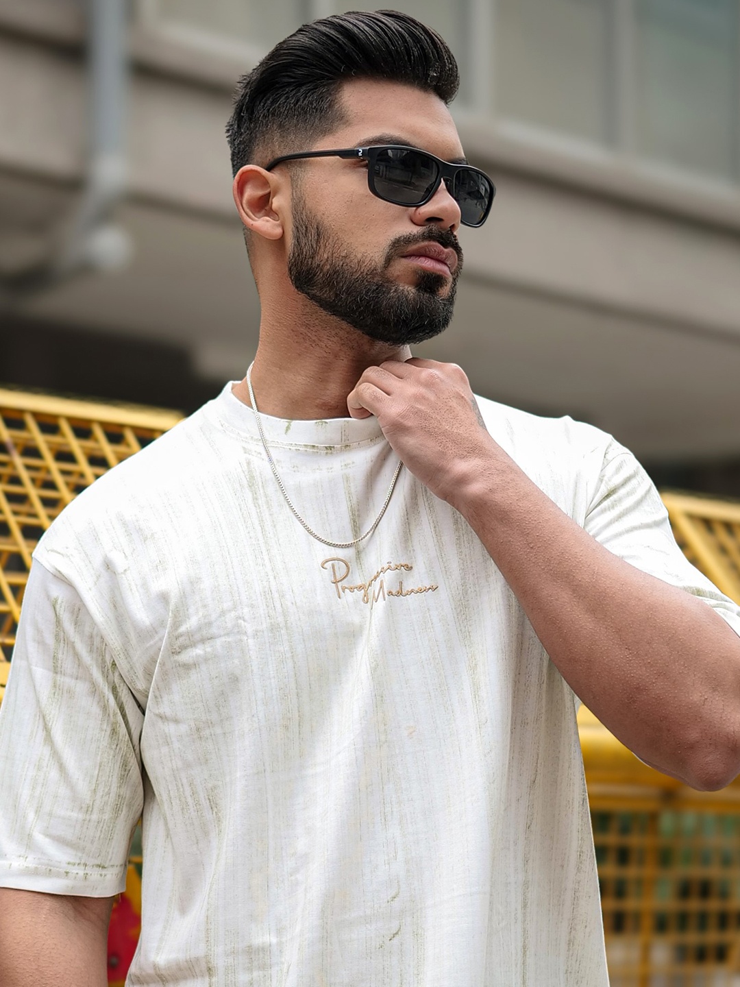 

Maniac Men Striped Round Neck Cotton T-shirt, Off white