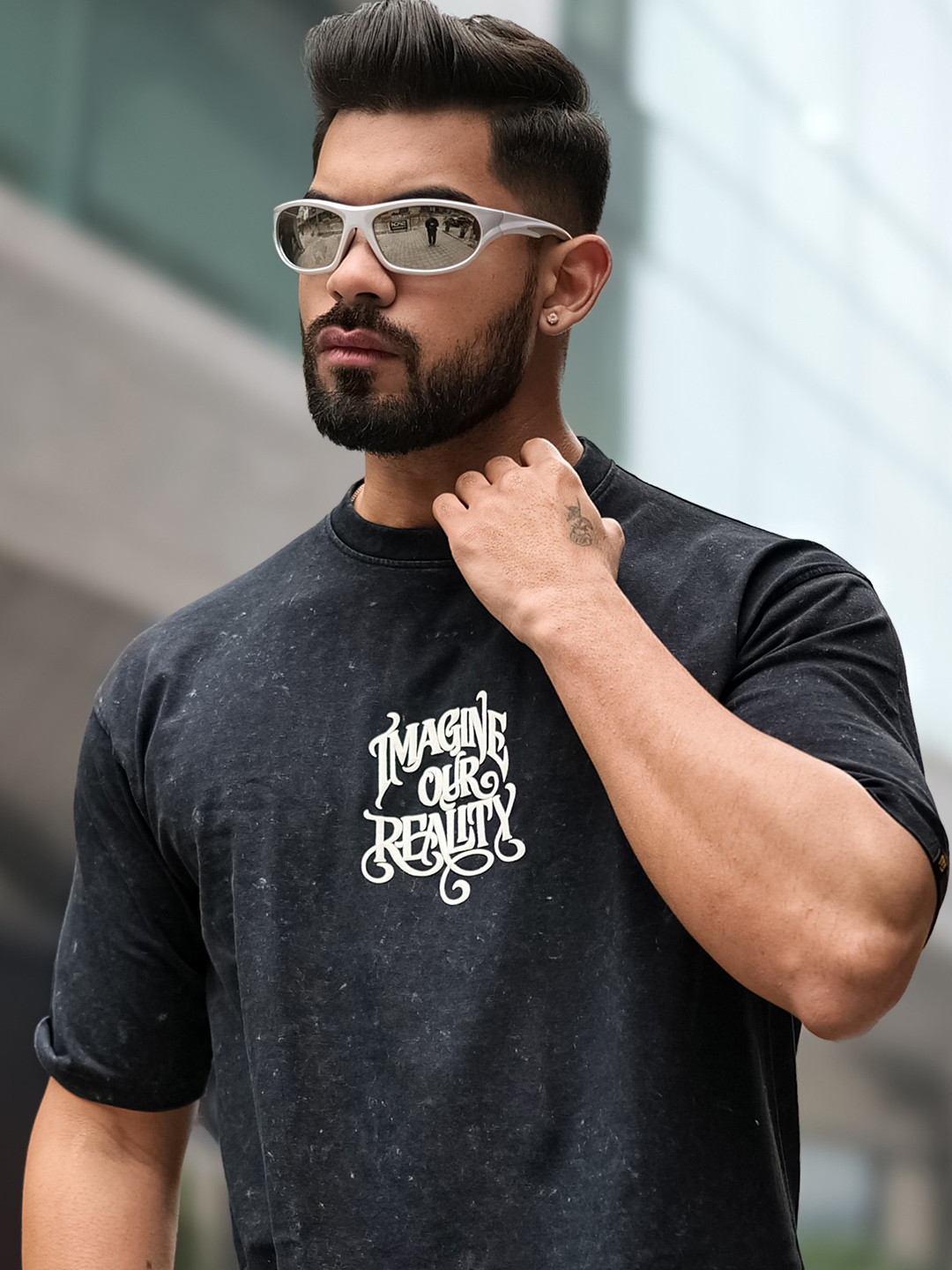 

Maniac Men Typography Printed Round Neck Cotton Oversized T-shirt, Black