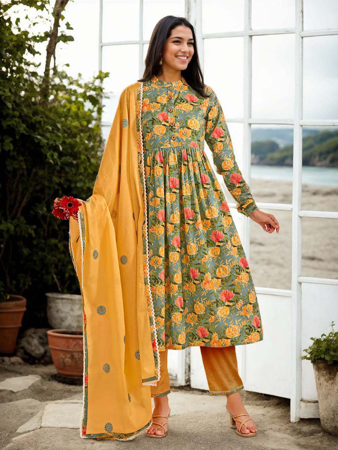 

Anouk Floral Printed Mandarin Collar Pure Cotton Anarkali Kurta with Trousers And Dupatta, Green