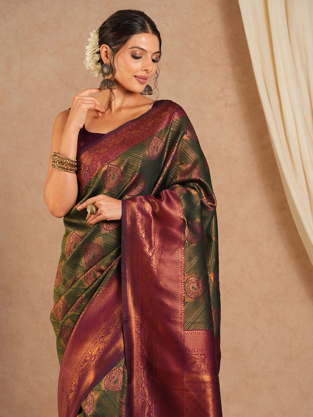 

Saree mall Ethnic Motifs Silk Blend Designer Kanjeevaram Sarees, Olive