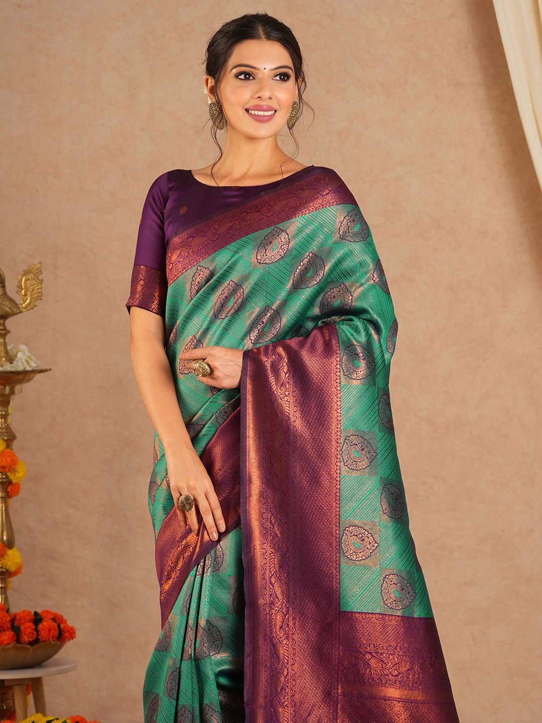 

Saree mall Ethnic Motifs Silk Blend Designer Kanjeevaram Sarees, Turquoise blue