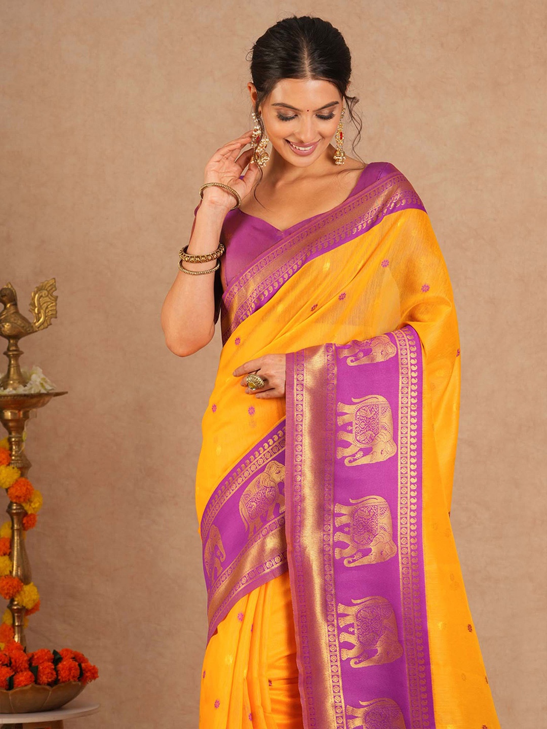 

Saree mall Ethnic Motifs Designer Maheshwari Sarees, Yellow