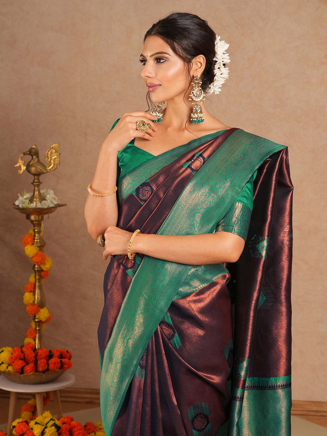 

Saree mall Ethnic Motifs Silk Blend Designer Kanjeevaram Sarees, Brown