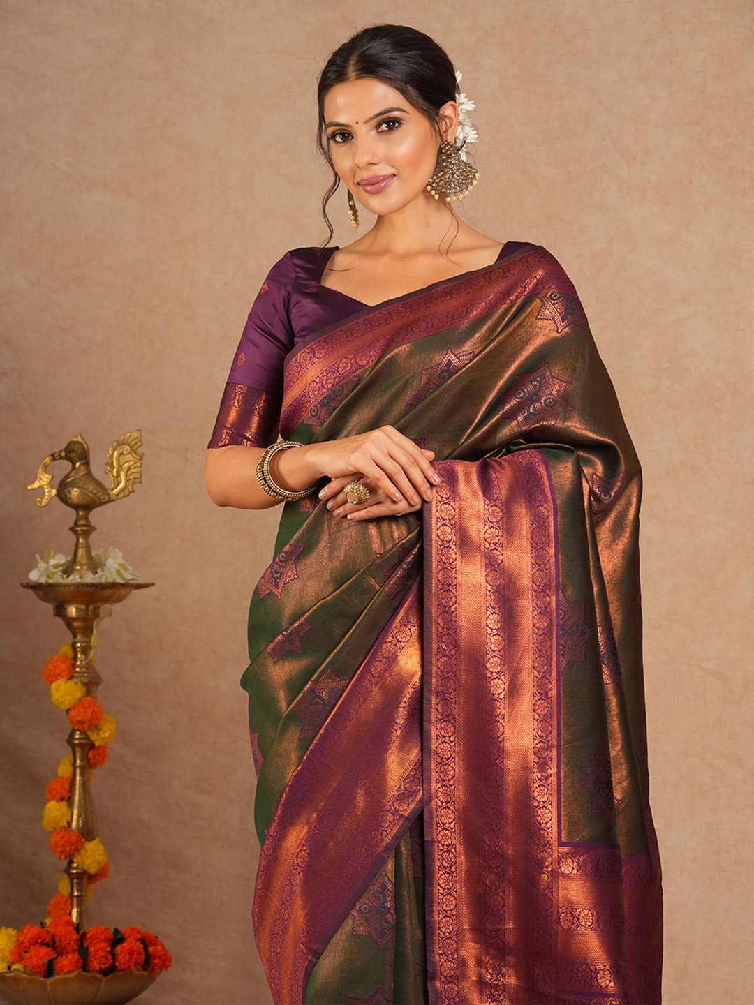 

Saree mall Ethnic Motifs Silk Blend Designer Kanjeevaram Sarees, Olive