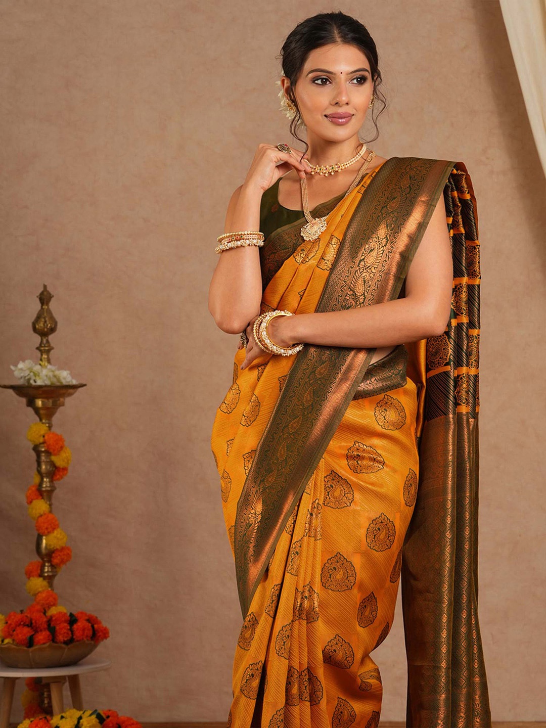 

Saree mall Ethnic Motifs Silk Blend Designer Kanjeevaram Sarees, Yellow