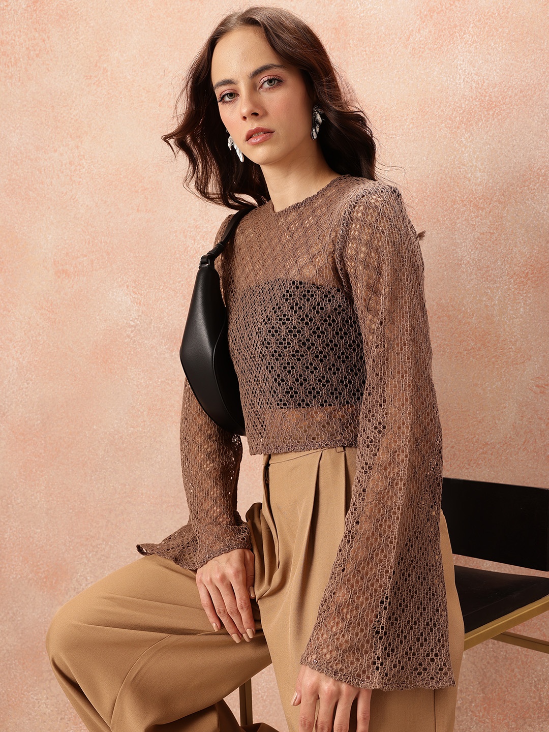 all about you Bell Sleeve Crochet Crop Top, Brown