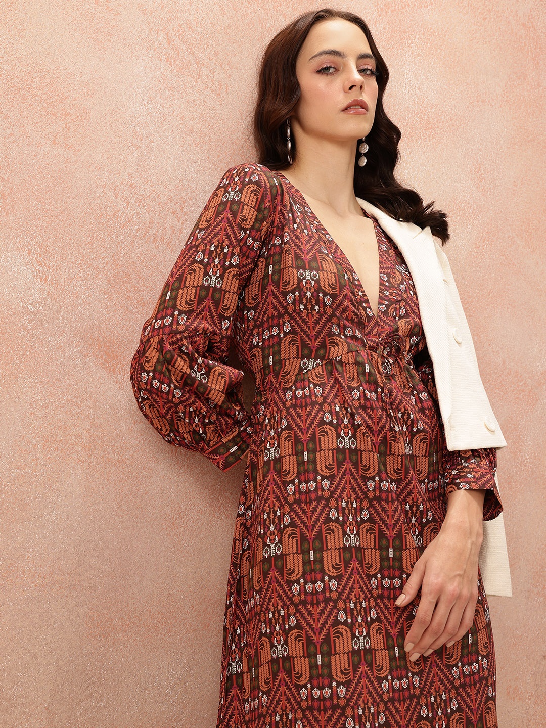 

all about you Ethnic Motifs Printed Puff Sleeve Maxi Dress, Maroon