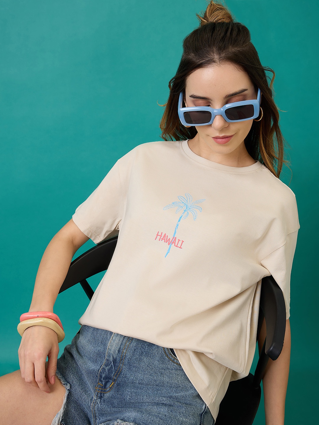 

Mast & Harbour Women Graphic Printed Round Neck Cotton T-shirt, Cream