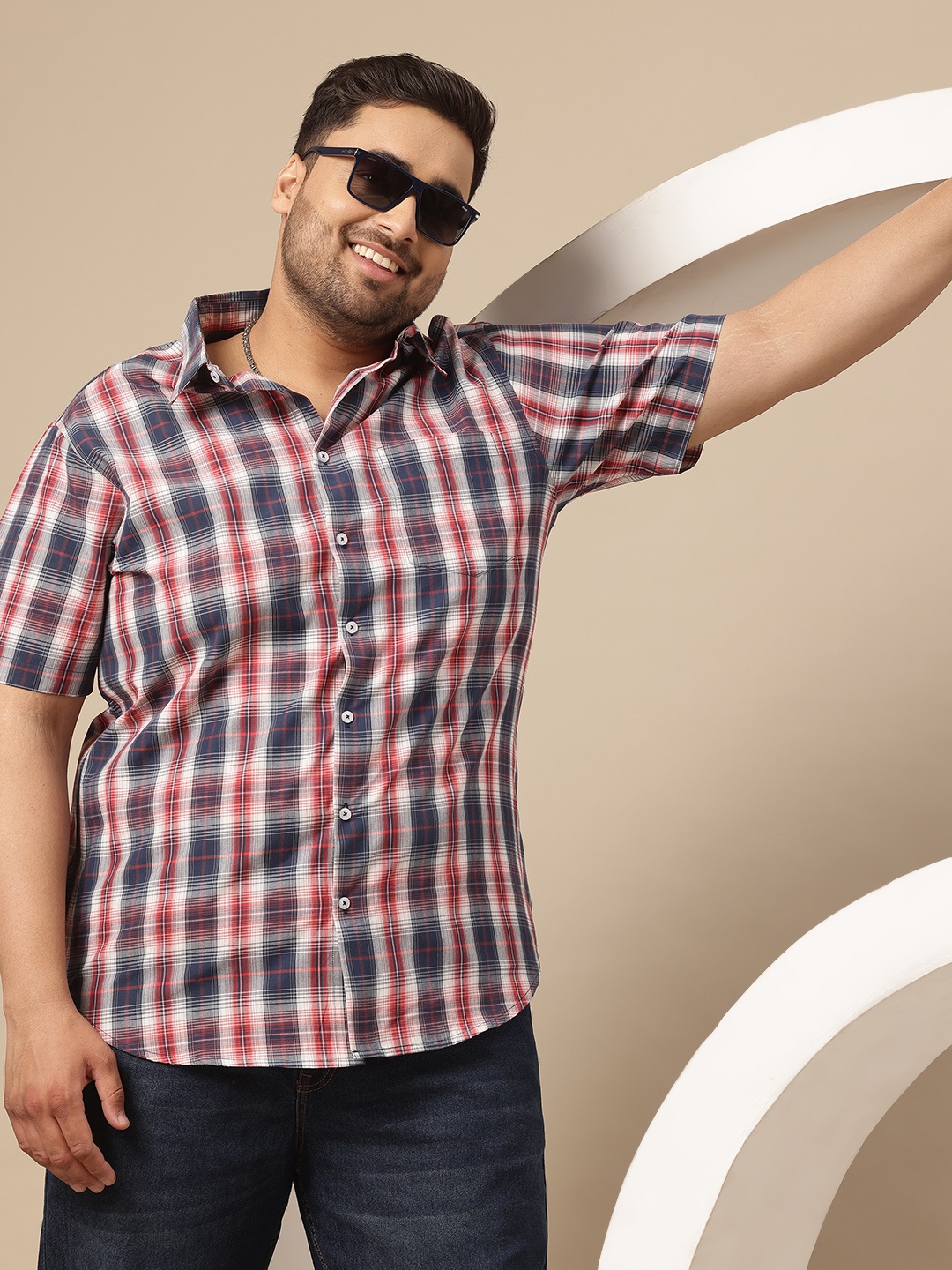 

Sztori Men Classic Plus Size Checked Pure Cotton Casual Shirt, Red