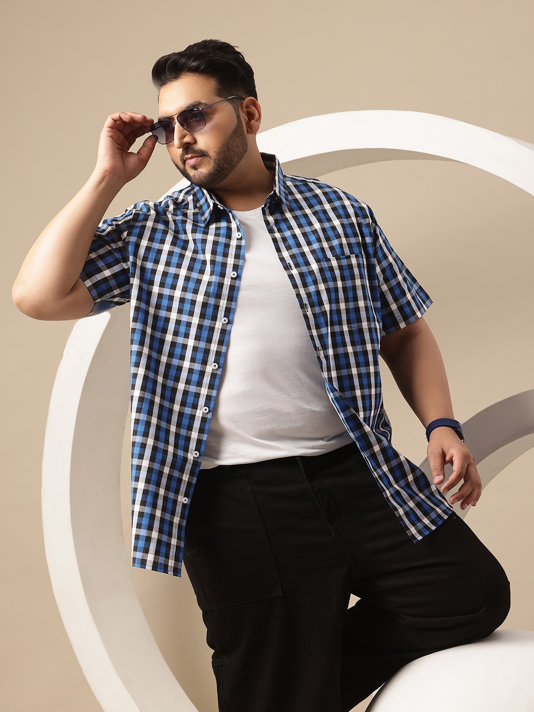 

Sztori Men Plus Size Classic Checked Pure Cotton Casual Shirt, Blue