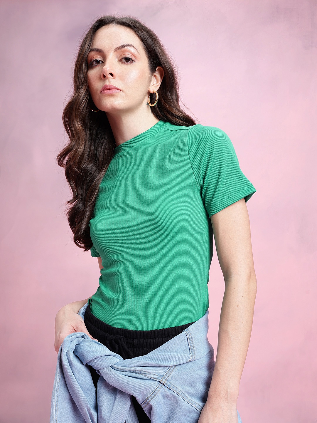 

DressBerry Solid Ribbed Top, Green