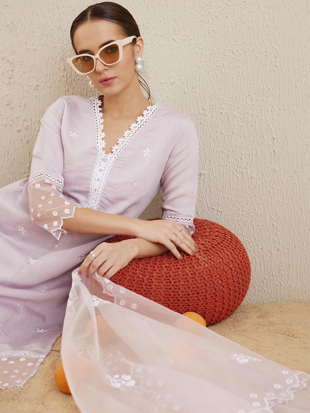 

Indo Era Floral Embroidered V Neck Thread Work Kurta With Trousers And Dupatta, Lavender