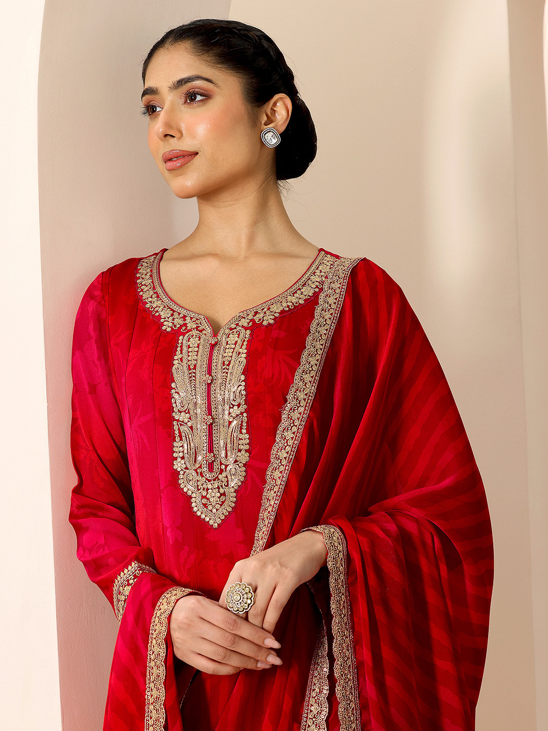 

Libas Floral Embroidered Round Neck Anarkali Kurta With Trousers And Dupatta, Red