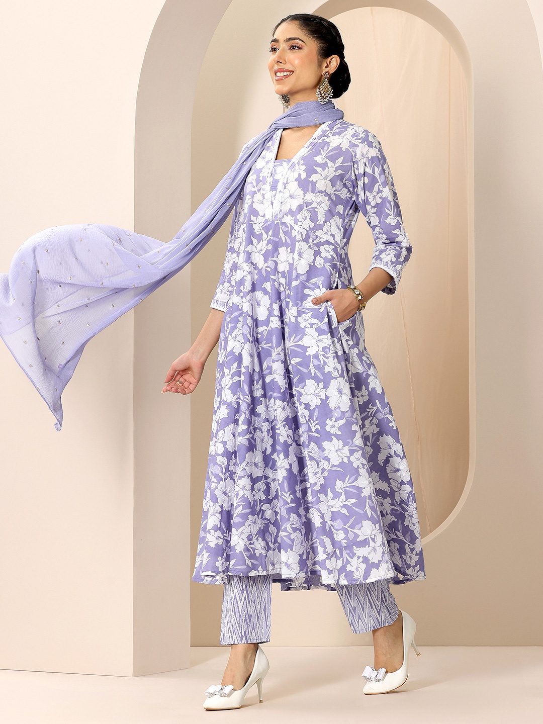 

Libas Floral Printed Panelled Anarkali Kurta With Trousers And Dupatta, Lavender