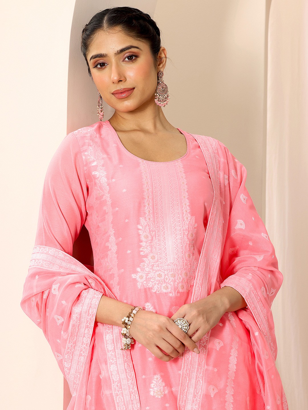 

Libas Floral Woven Design Chanderi Silk Kurta With Trouser And Dupatta, Pink