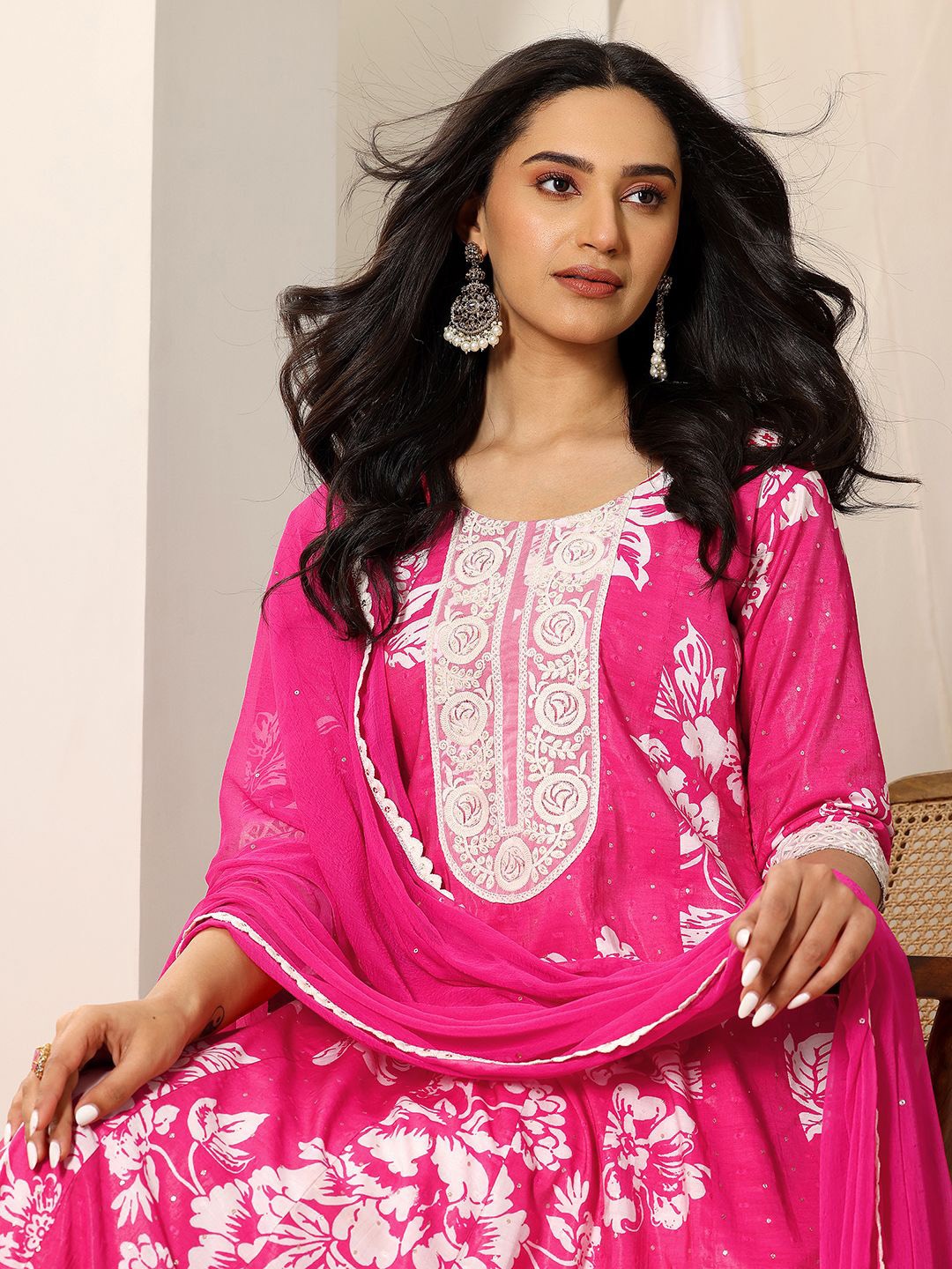 

Libas Women Floral Printed Round Neck A-Line Kurta With Trouser And Dupatta, Pink