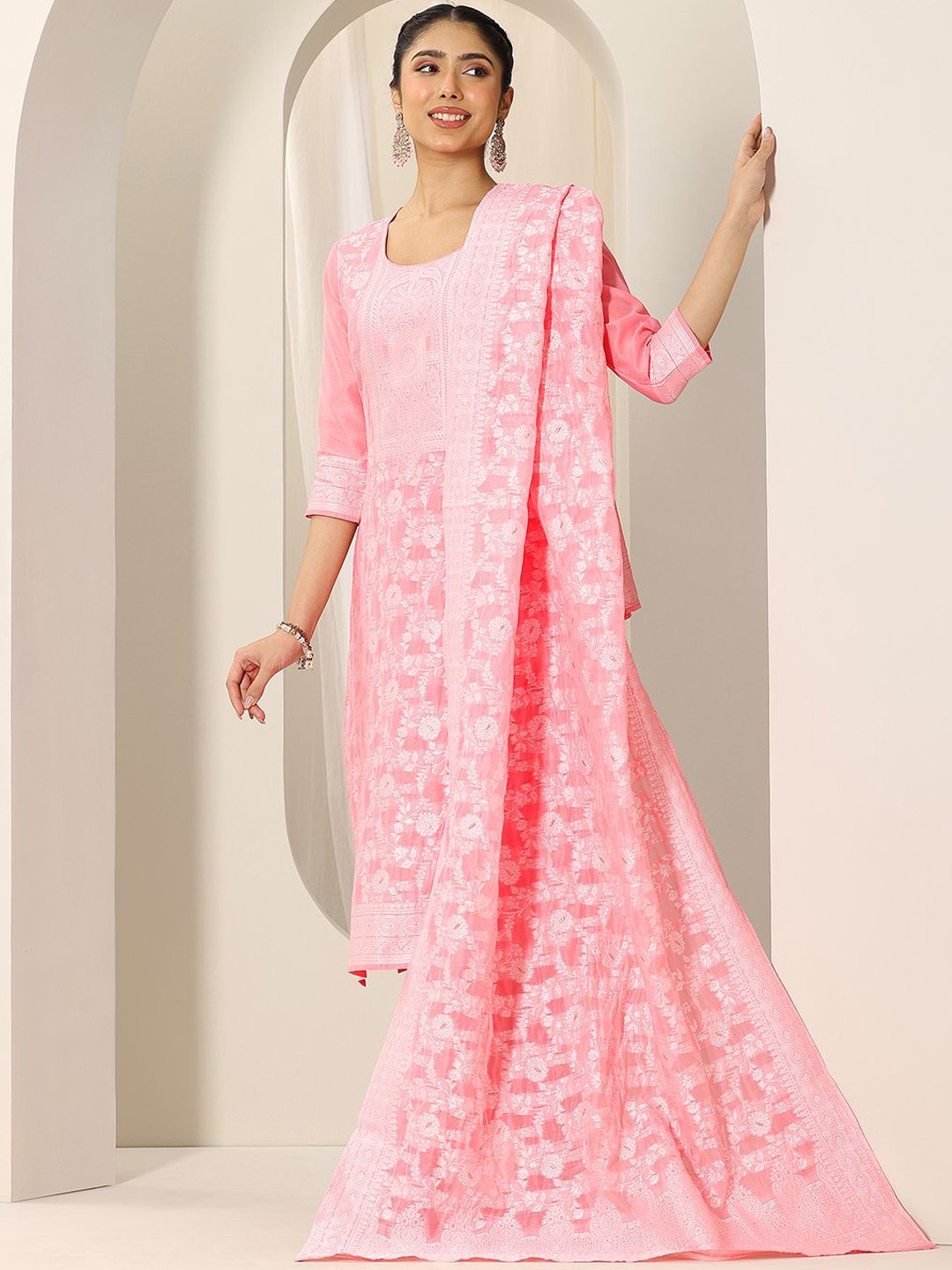 

Libas Floral Woven Design Chanderi Silk Kurta With Trouser And Dupatta, Pink