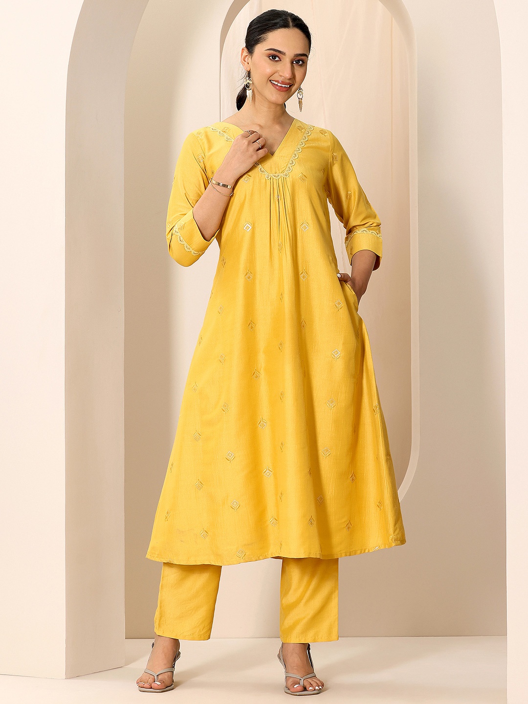 

Libas Floral Embroidered V-Neck A-Line Kurta With Trouser, Yellow