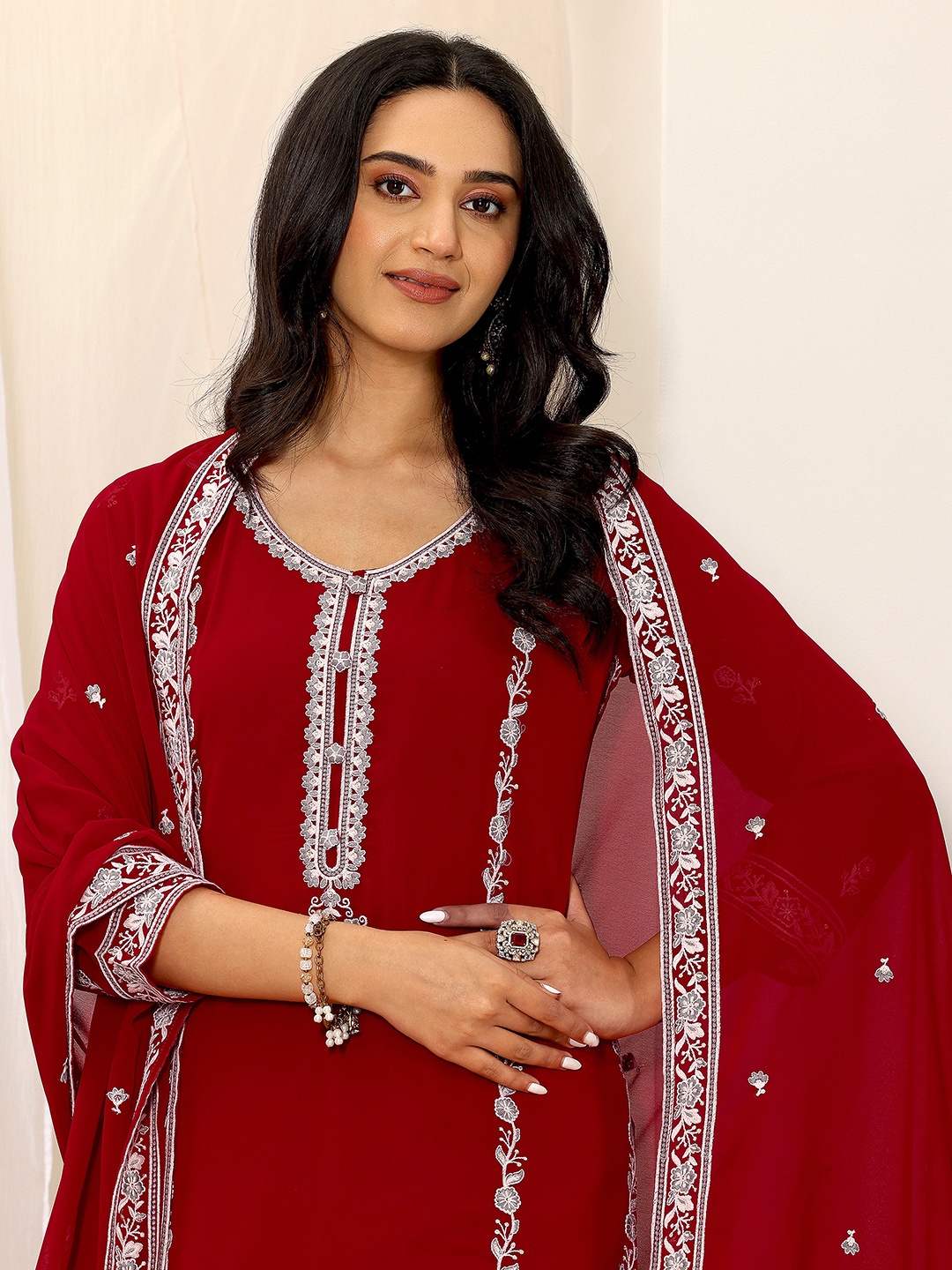 

Libas Floral Embroidered Round Neck Kurta With Trouser And Dupatta, Red