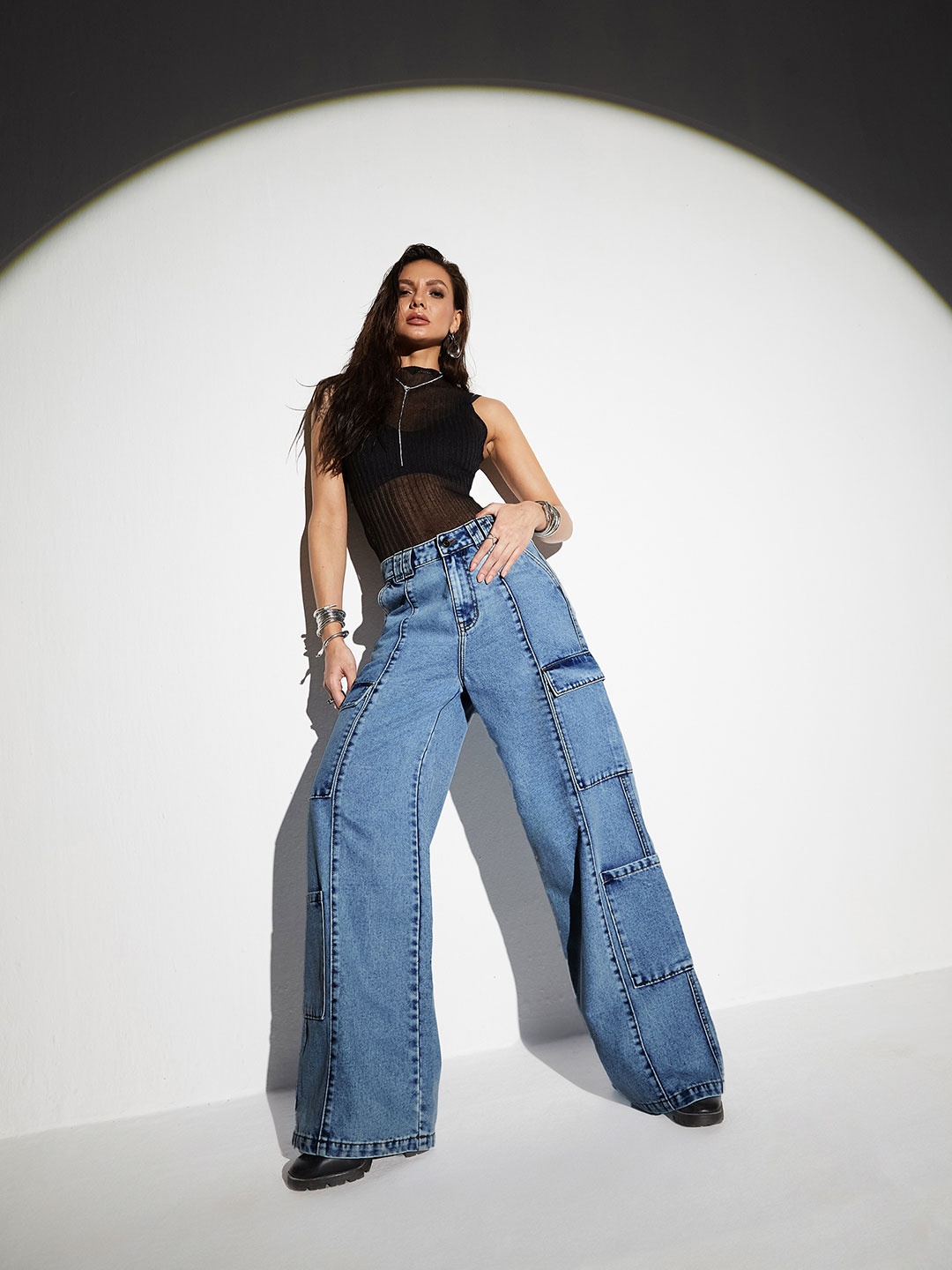 

Miss Chase Women Wide Leg High-Rise Heavy Fade Stretchable Jeans, Blue