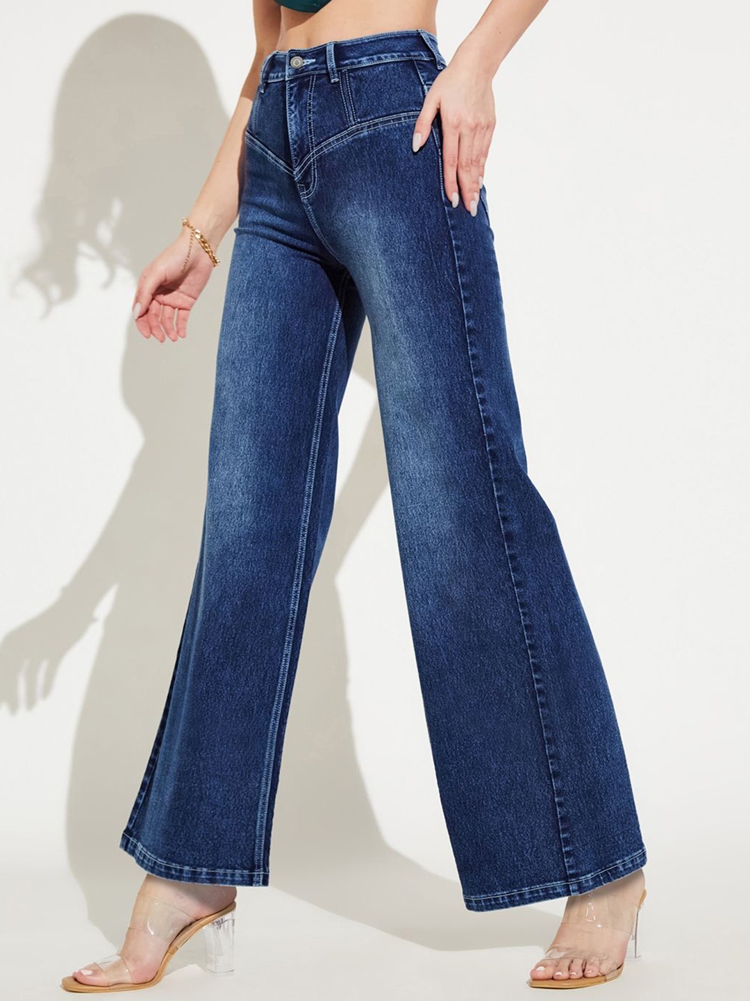 

Miss Chase Women Wide Leg High-Rise Heavy Fade Stretchable Jeans, Blue