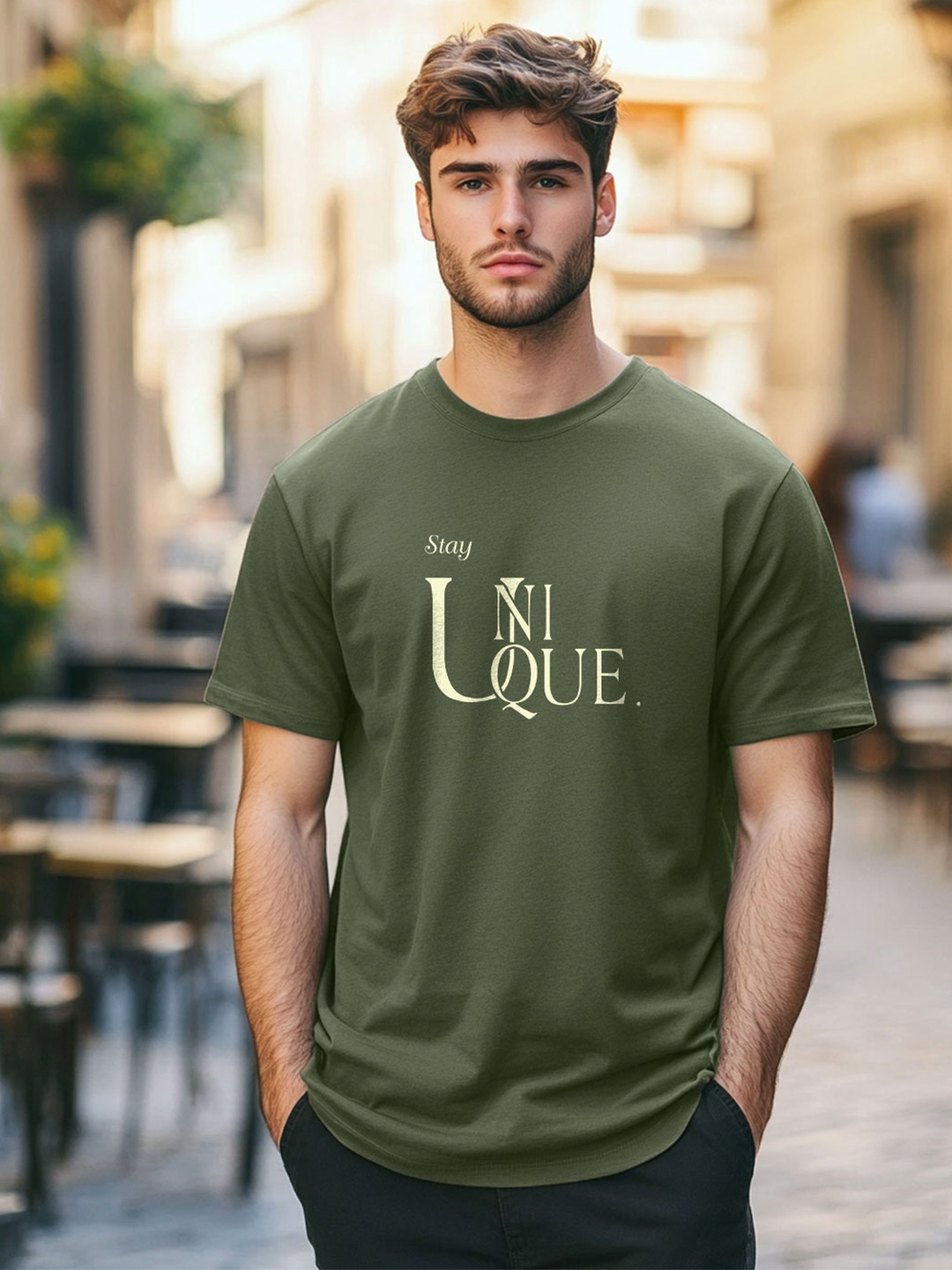 NOBERO Men Typography Printed T-shirt, Olive