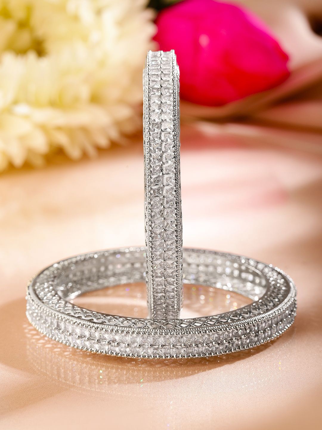

Rubans Set of 2 Rhodium Plated White Cubic Zirconia Studded Luxe Bangles, Silver