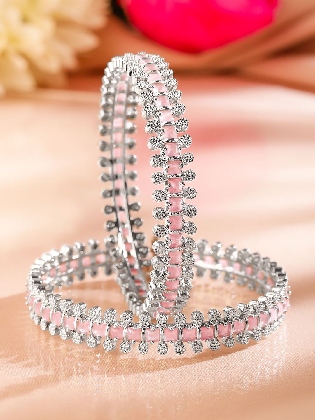 

Rubans Set of 2 Rhodium Plated Pastel Pink & White Cubic Zirconia Studded Luxe Bangles, Silver