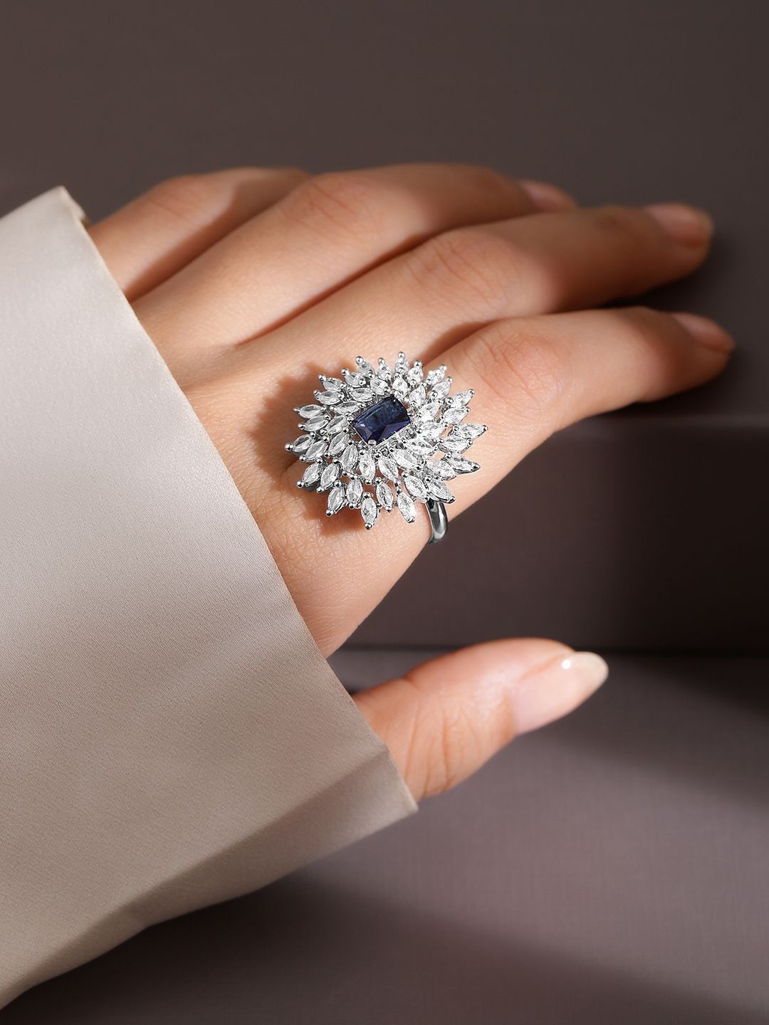 

Rubans Rhodium-Plated Cubic Zirconia Studded Adjustable Cocktail Finger Ring, Silver