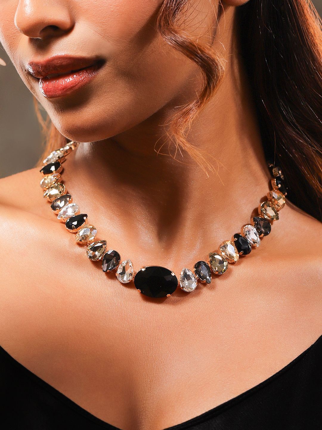 

Rubans 18K Gold-Plated Black & Smoky Crystal Zirconia Statement Necklace for a Bold Look