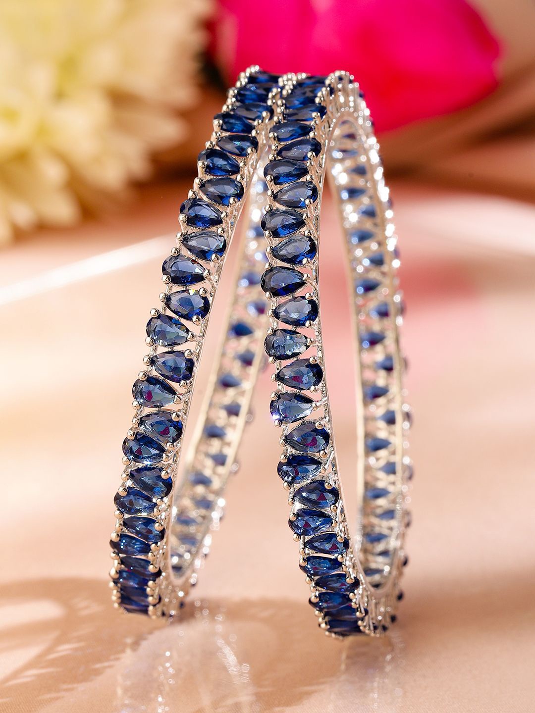 

Rubans Set of 2 Rhodium-Plated Sapphire Stone Studded Premium Bangles, Silver