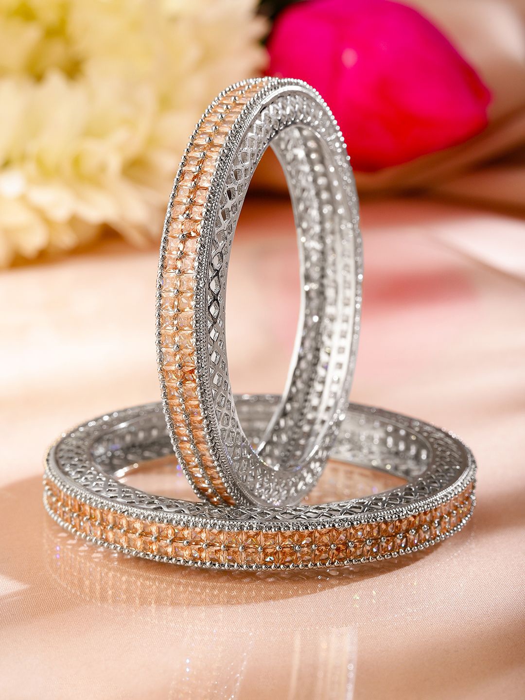 

Rubans Set of 2 Rhodium-Plated Cubic Zirconia Stone Studded Premium Bangles, Silver