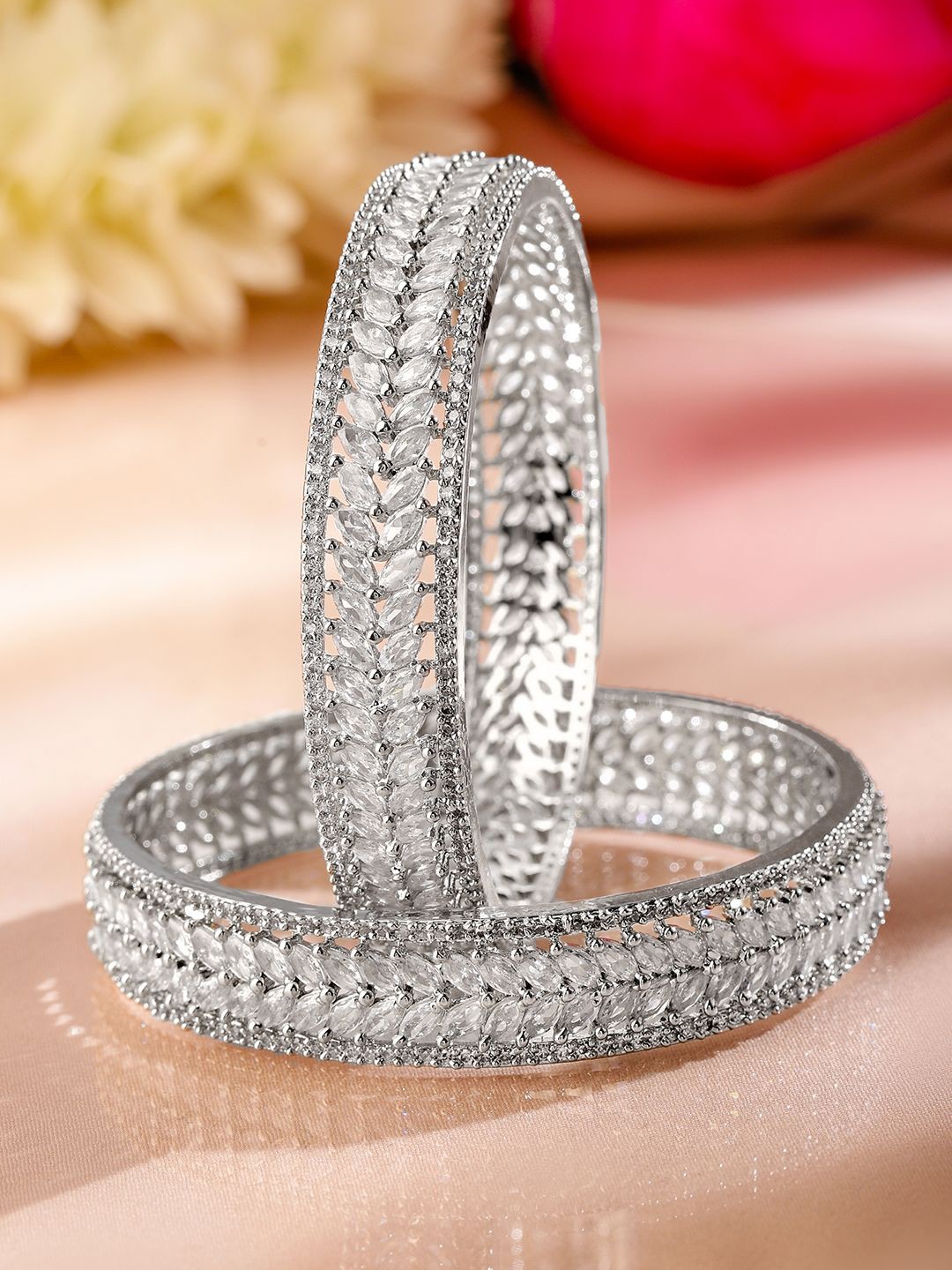 

Rubans Set of 2 Premium Rhodium-Plated Cubic Zirconia Studded Leaf Motif Luxe Bangles, Silver