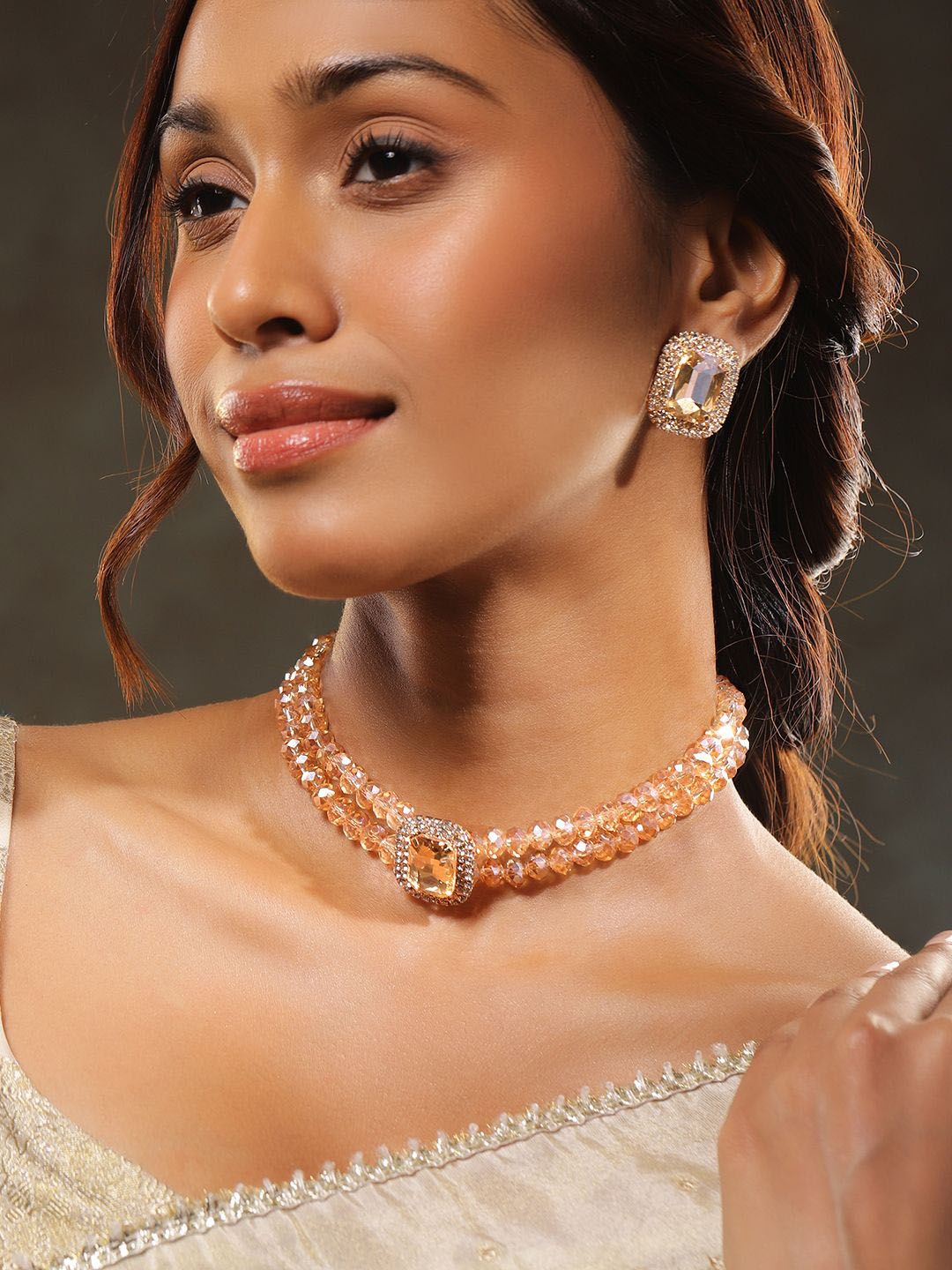 

Rubans 18K Gold-Plated Light Gold Crystal Beaded & Cubic Zirconia Statement Necklace Set