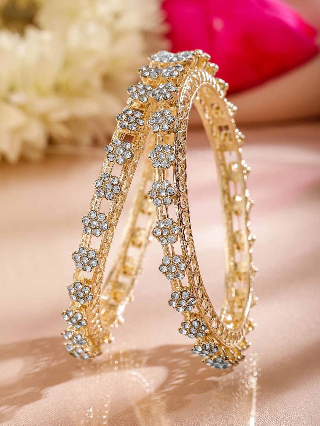 

Rubans Set of 2 18K Gold-Plated AD Studded Floral Filigree Bangles