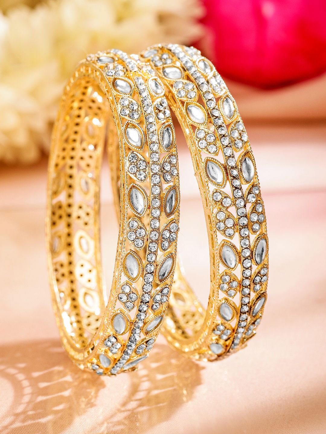 

Rubans Set Of 2 18K Gold-Plated Kundan & AD Studded Premium Bangles for Women