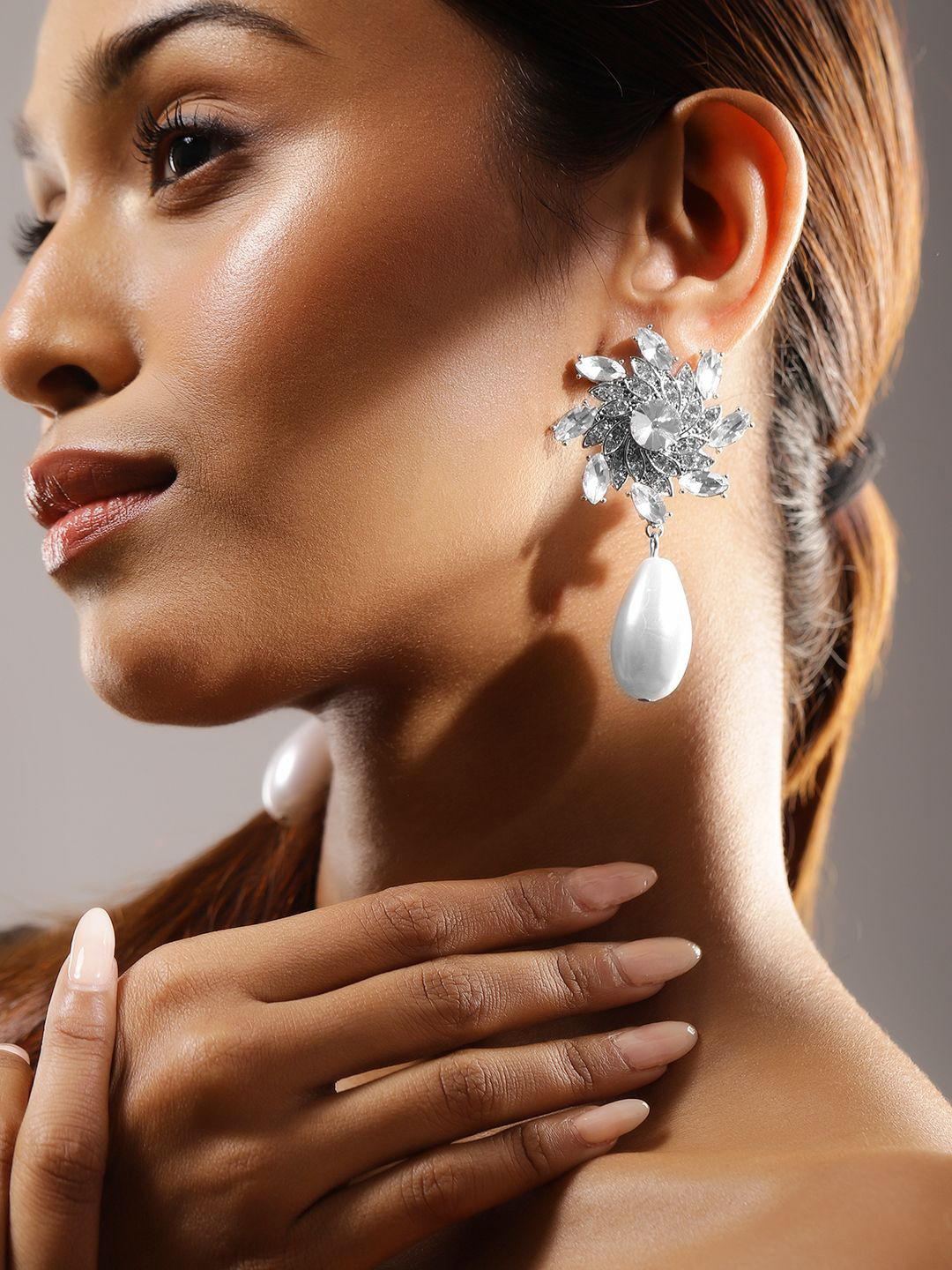 

Rubans Rhodium-Plated Cubic Zirconia Studded Floral Earrings with White Pearl DropEarrings, Silver