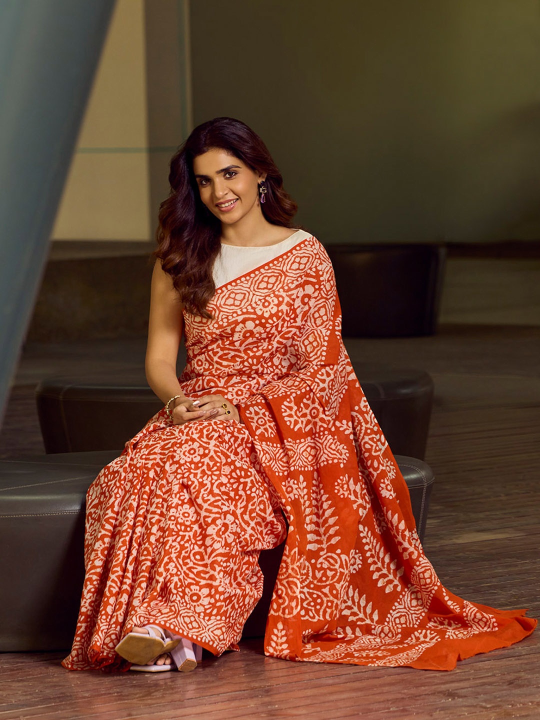 

Taneira Ethnic Motifs Pure Cotton Saree, Orange