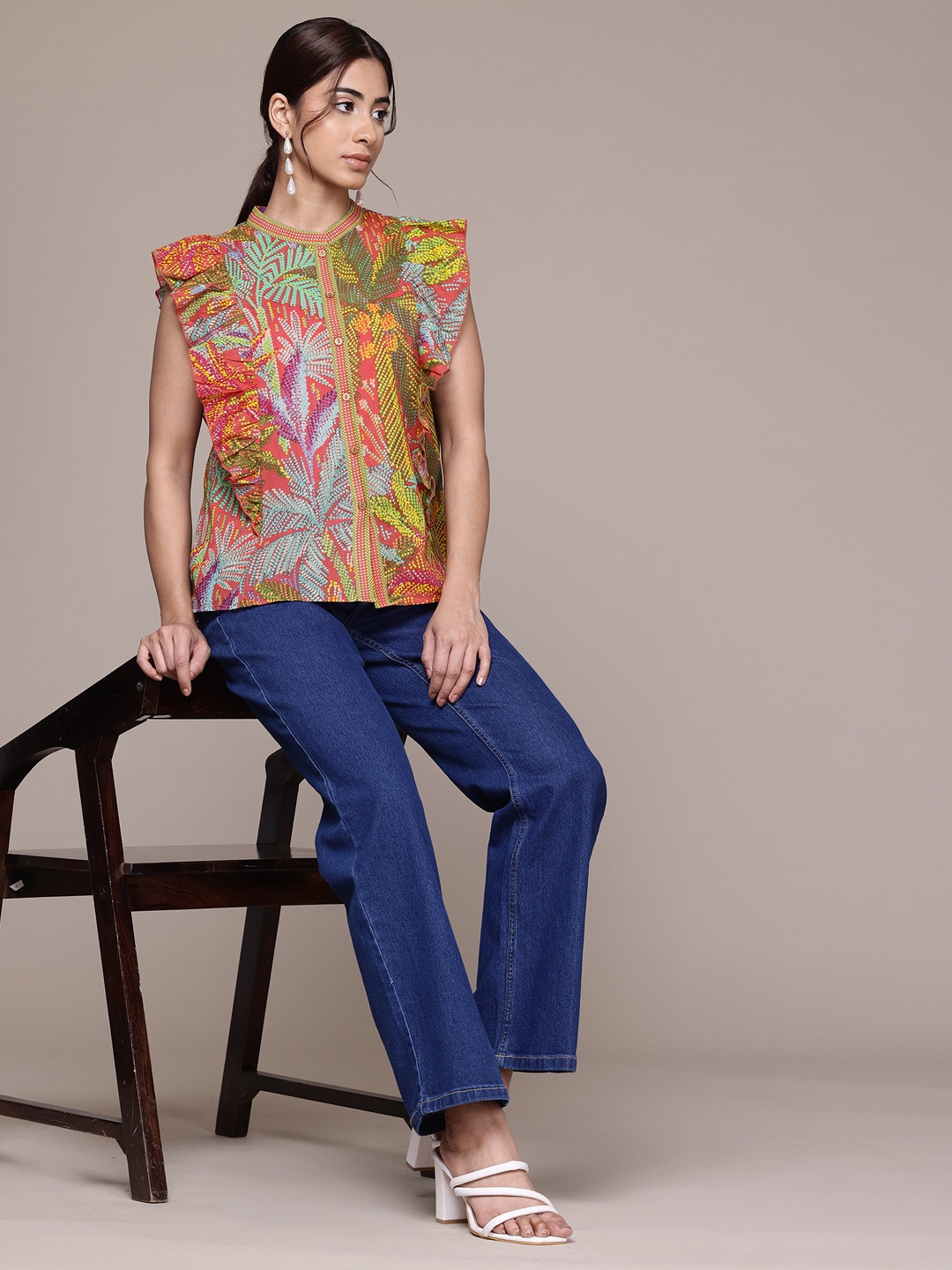 

aarke Ritu Kumar Printed Flutter Sleeve Shirt Style Top, Multi