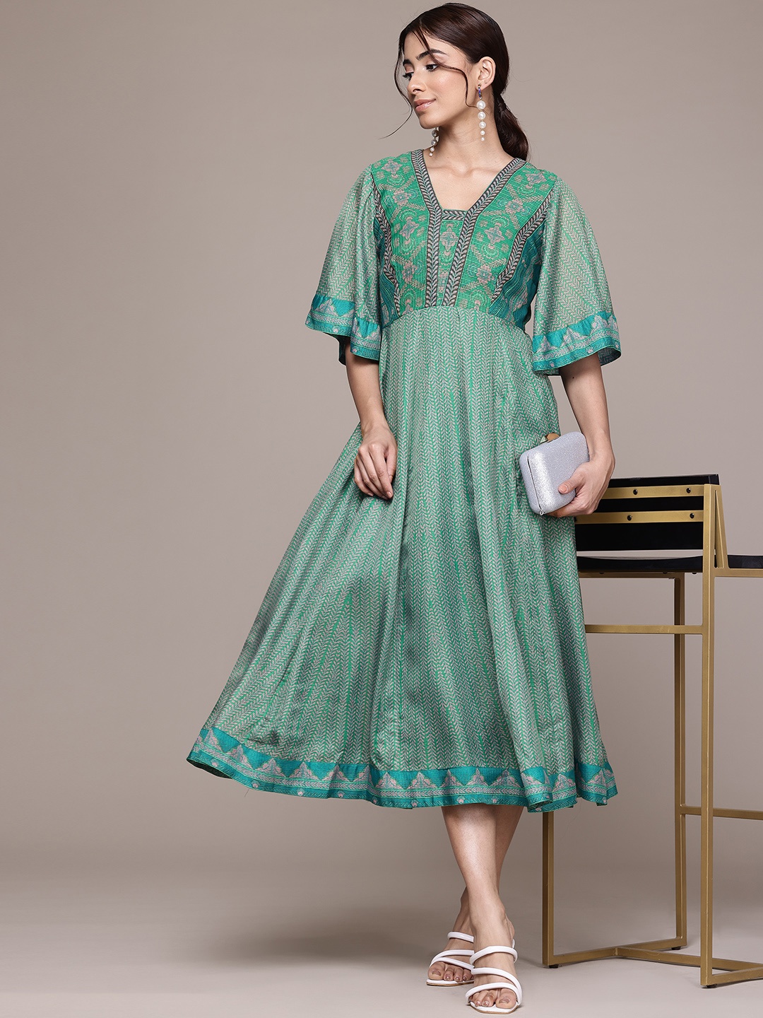 

aarke Ritu Kumar Floral Print Flared Sleeve Fit & Flare Midi Dress, Green