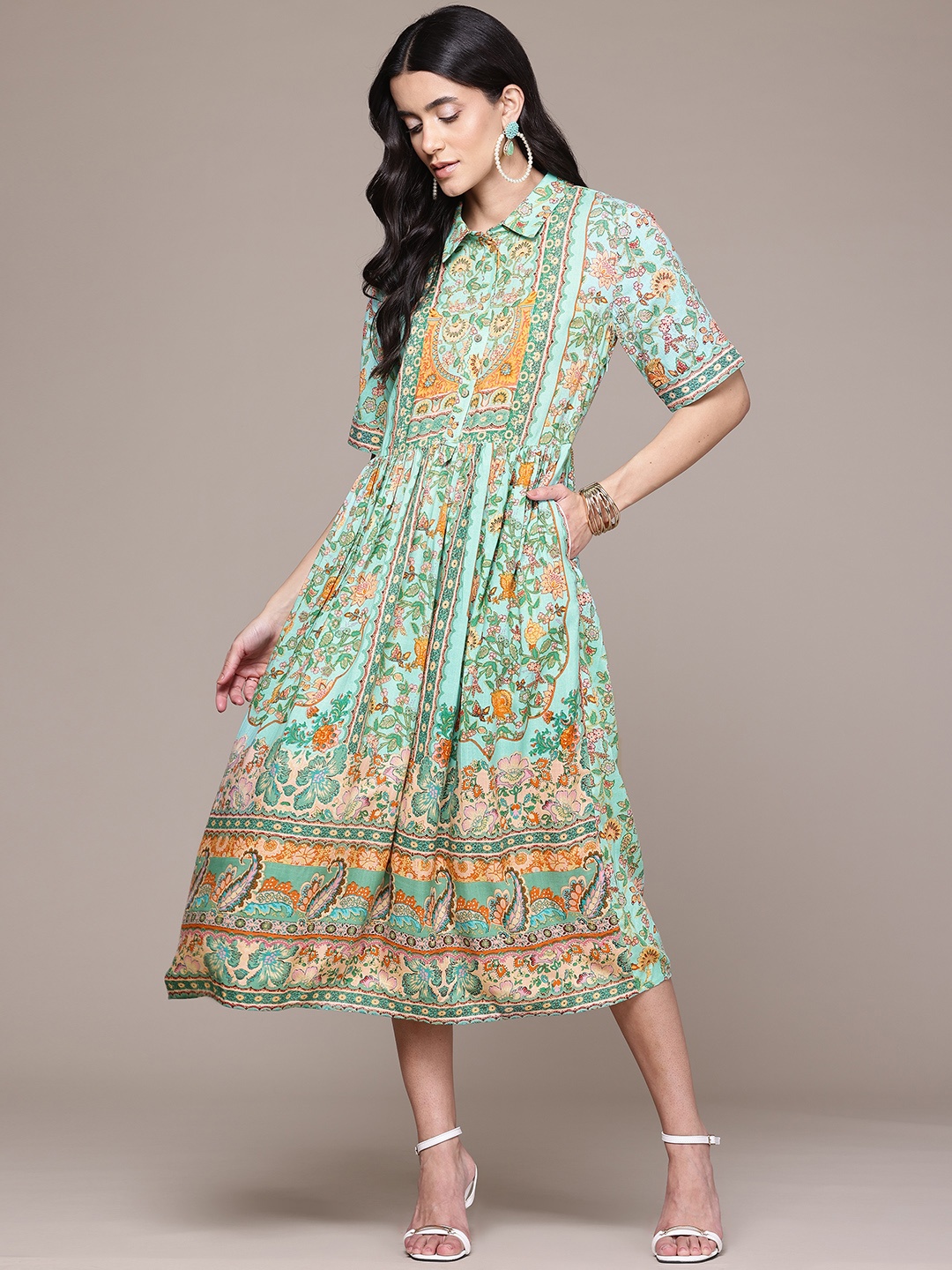 

aarke Ritu Kumar Floral Print Fit & Flare Midi Dress, Green