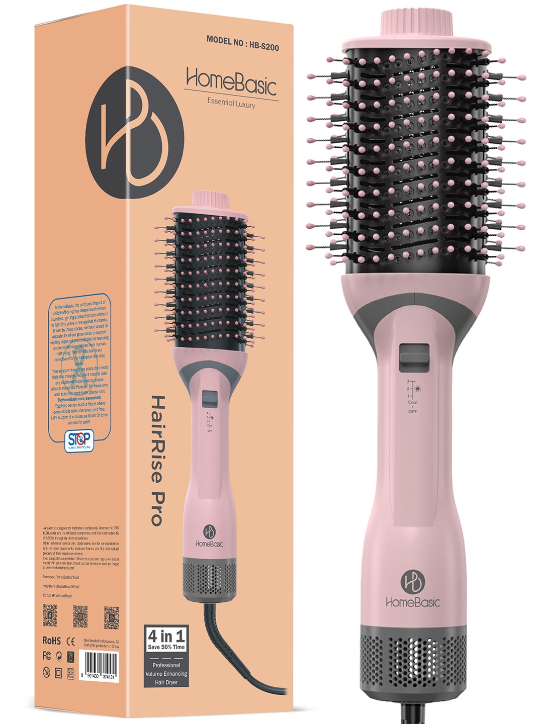 

HOMEBASICS One Step Styler Hot Air Blow Heat Control Straightener Volumizer Brush -Pink